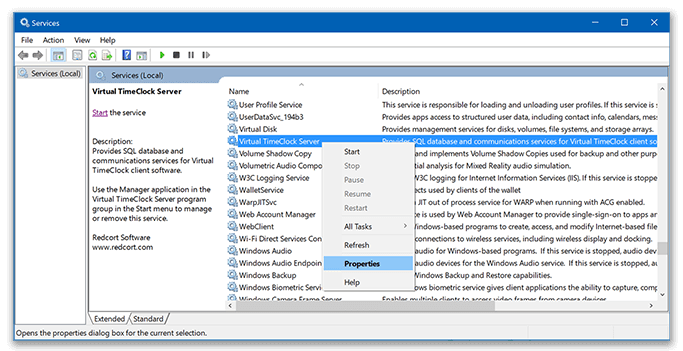 Locating the Virtual TimeClock Server service in Windows services