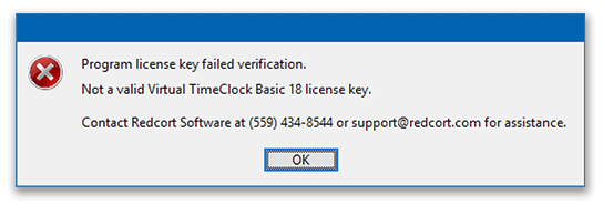 License key failed verification message in Virtual Time clock