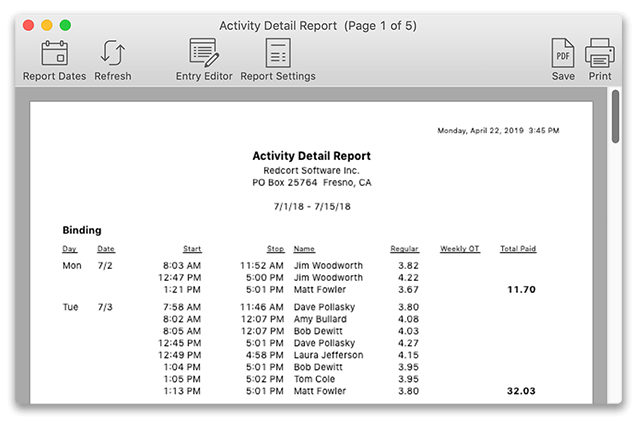 Virtual TimeClock Activity Detail report showing detailed hours