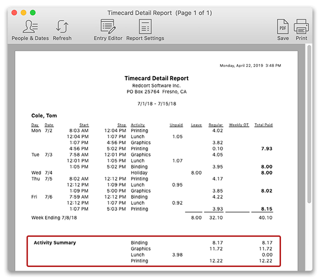 Timecard showing activities