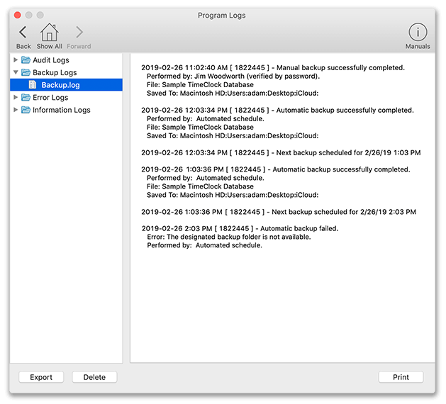 Program logs window showing backup log records