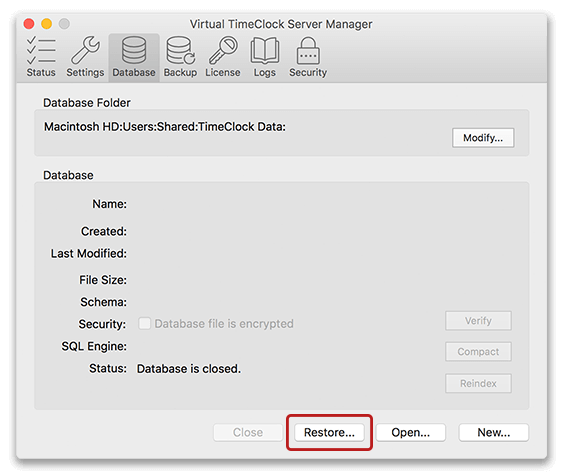 Restoring a database in Virtual TimeClock Server Manager