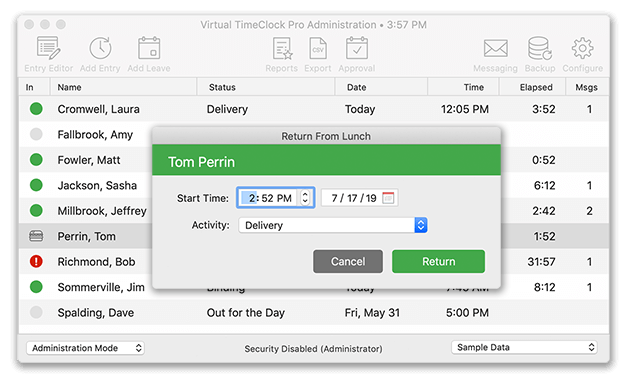 Clocking a user in with Administration on Pro