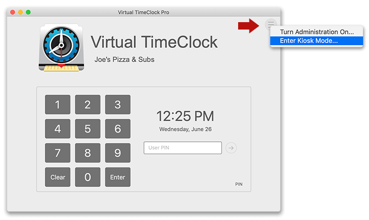 Entering Kiosk Mode in Virtual TimeClock version 19