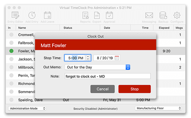 Adding manual stop from In & Out Board