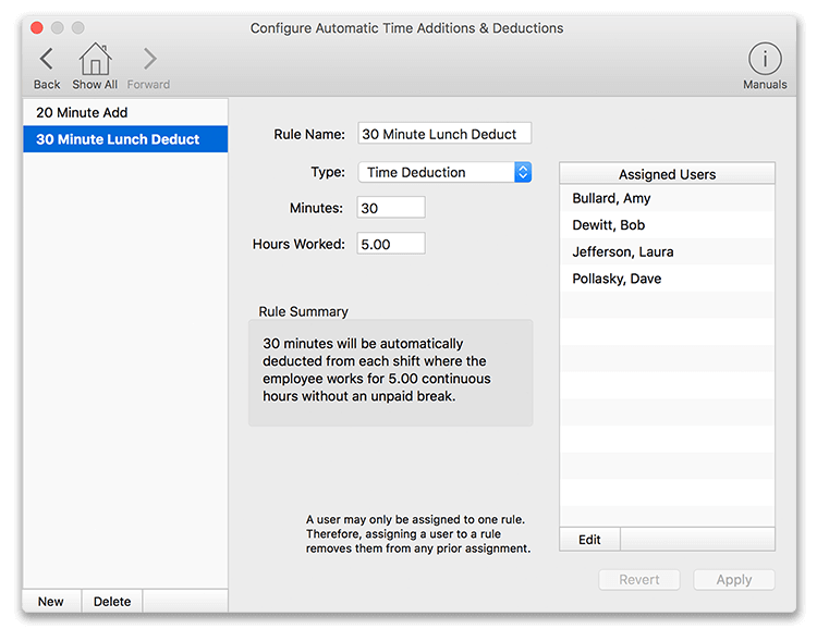 Virtual TimeClock Automatic Time Additions & Deductions