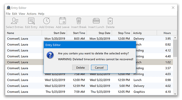 Deleting an entry in Virtual TimeClock