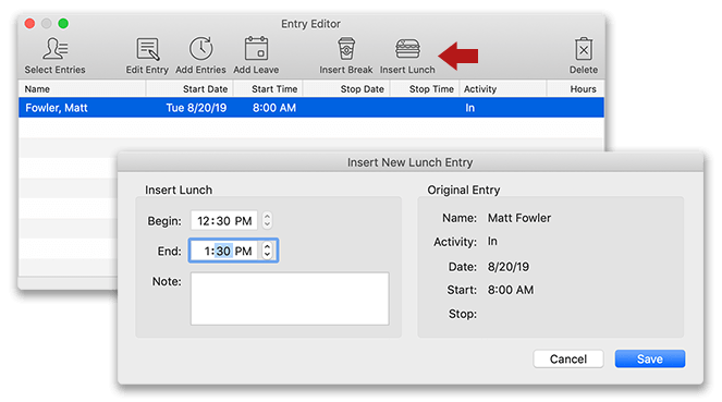 Adding a lunch or break to a current entry