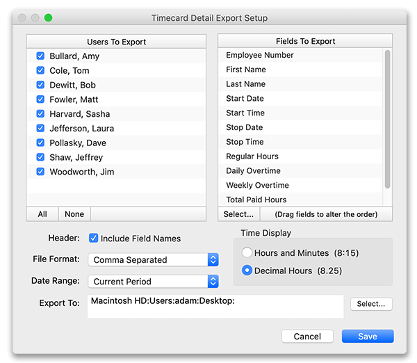 Setup options for report export