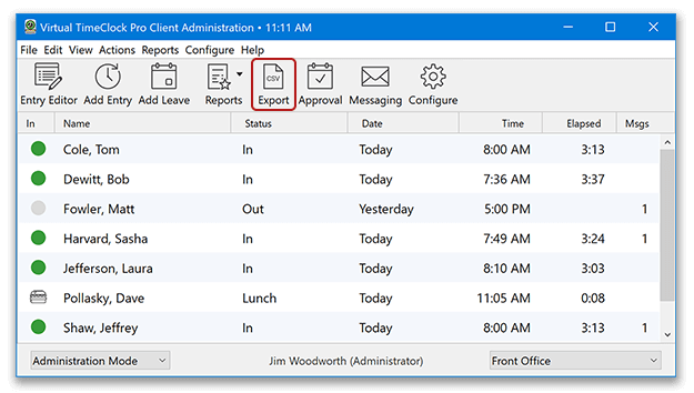 Selecting the Export tool in the admin toolbar