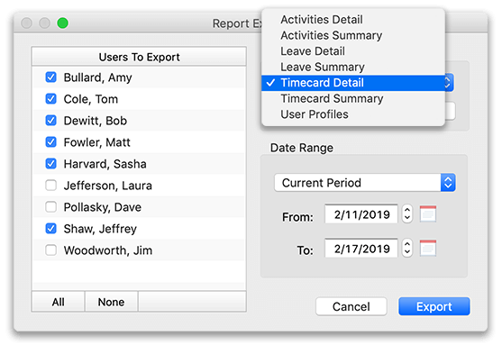 Selecting a report type to export