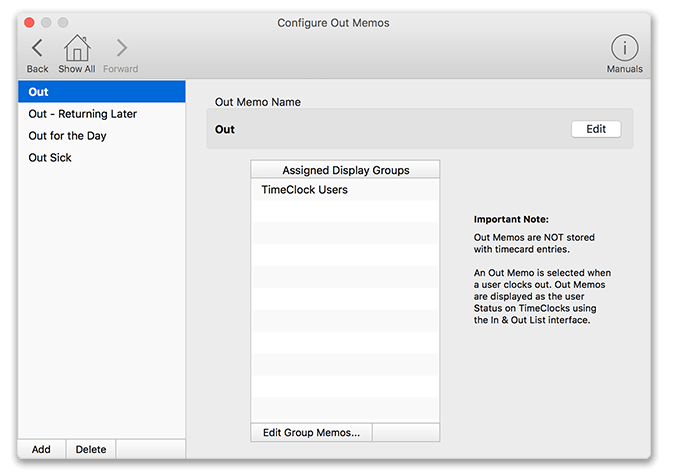 Virtual TimeClock Configure Out Memos