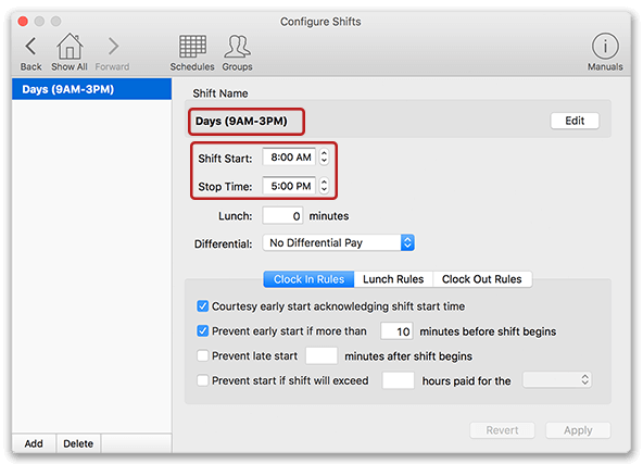 Shift settings showing shift name and shift times not matching