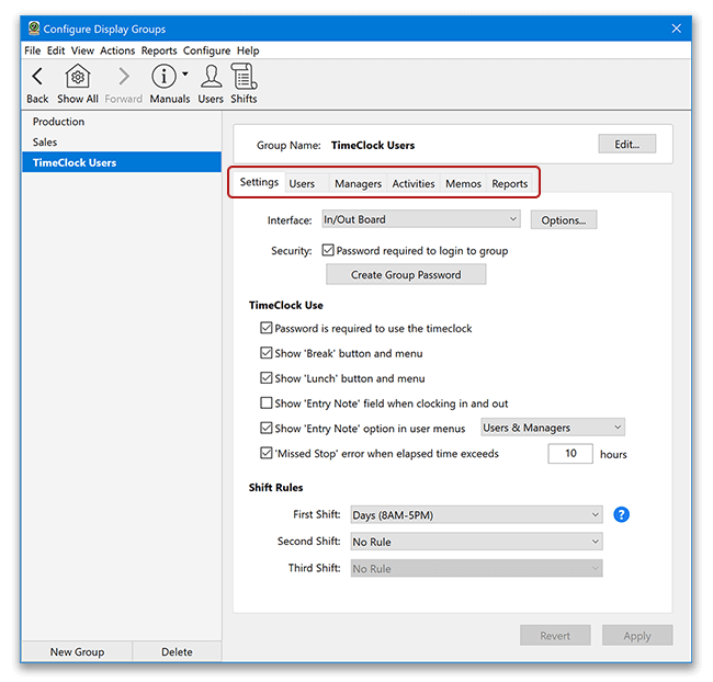 Virtual TimeClock display group tab options