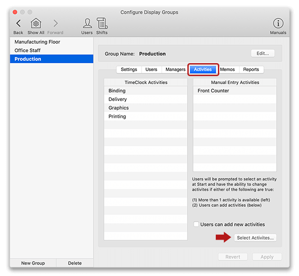 Virtual TimeClock Configure Activities