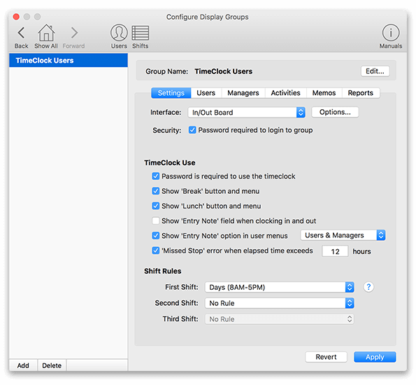 Virtual TimeClock Groups Settings