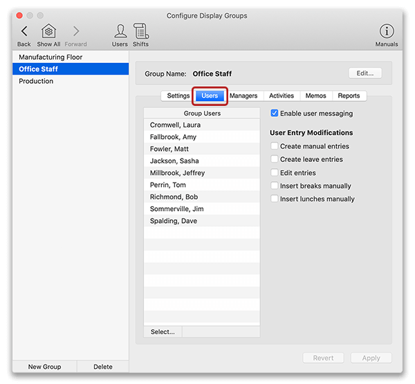 User settings in display group window