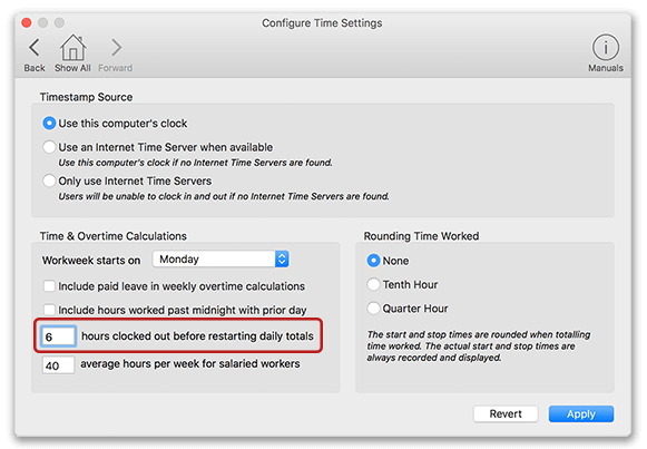 Time Settings in Virtual TimeClock showing Hours off the clock setting