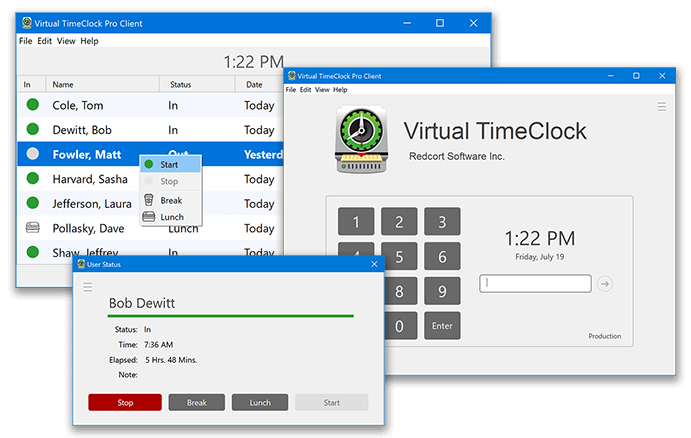Virtual TimeClock interface options for PIN pad and In/Out Board