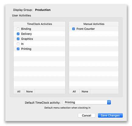Selecting activities in display group options