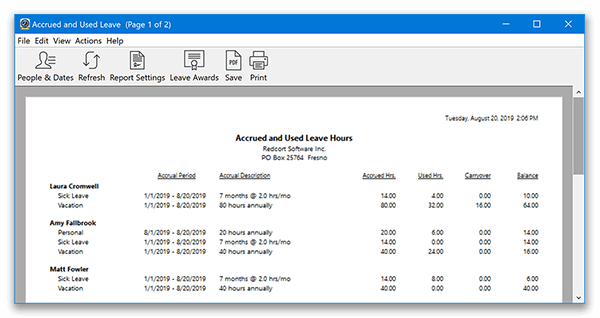 Virtual TimeClock Accrued and Used Leave report