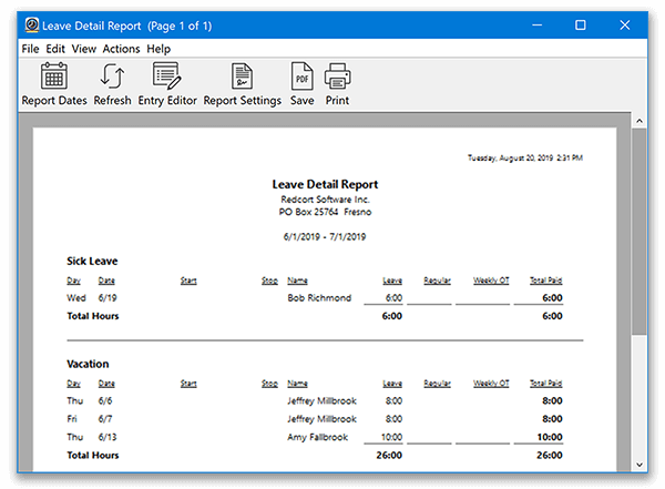 Virtual TimeClock Leave Detail report