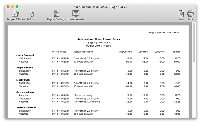 Virtual TimeClock accrued and used leave report