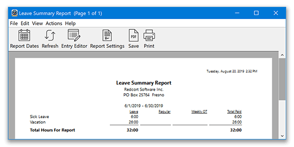 Virtual TimeClock Leave Summary report