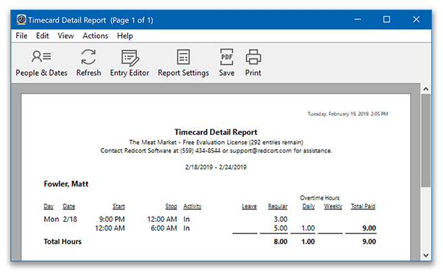 Timecard displaying overnight hours totaled on the same day