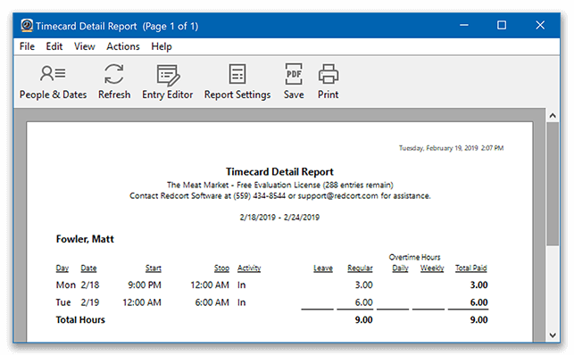 Timecard displaying overnight hours totaled on each workdays