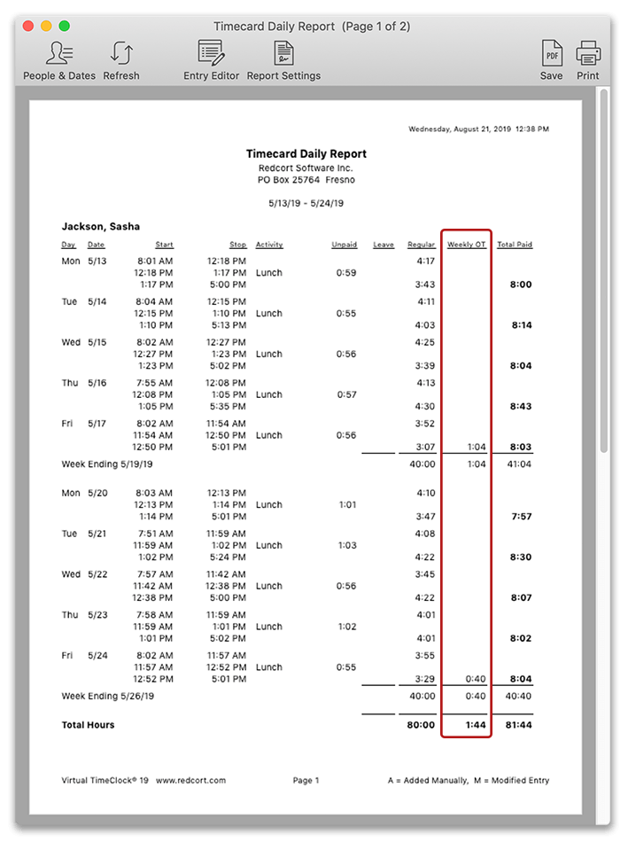 Virtual TimeClock Timecard With Overtime