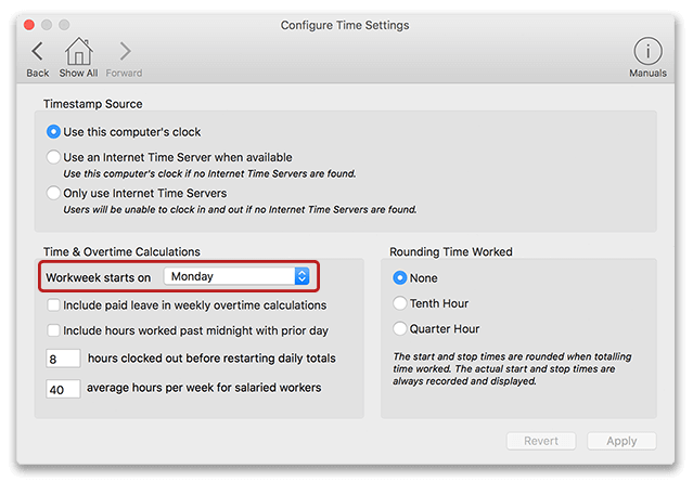 Setting the workweek in the time settings of Virtual TimeClock