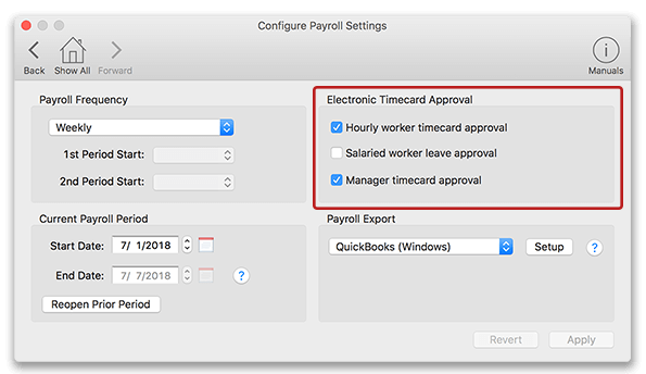 Virtual TimeClock Electronic Timecard Approval Settings