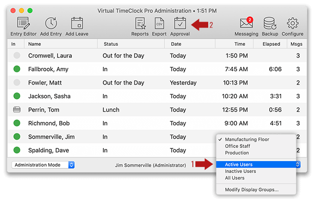 Selecting the Active Users group in Virtual TimeClock