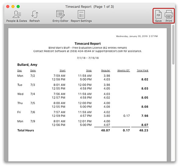 Save or print employee timecards