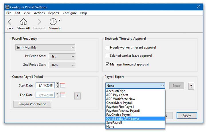 A view of the Redcort Virtual TimeClock Payroll Settings.