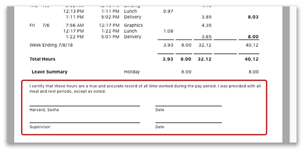 The default timecard signature line