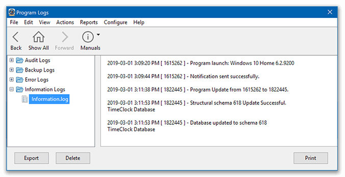 Information logs in Virtual TimeClock showing general software information