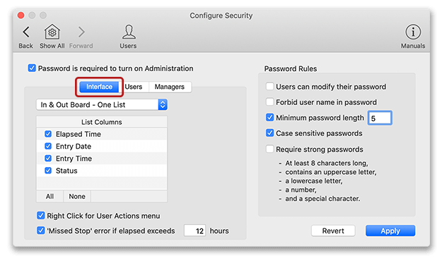 Interface settings in Virtual TimeClock Basic