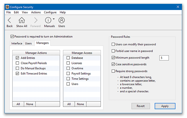 Manager security settings in Virtual TimeClock Basic