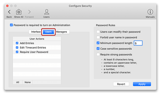 User security settings in Virtual TimeClock Basic