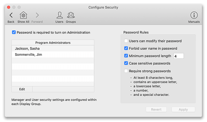 Configuring security options window