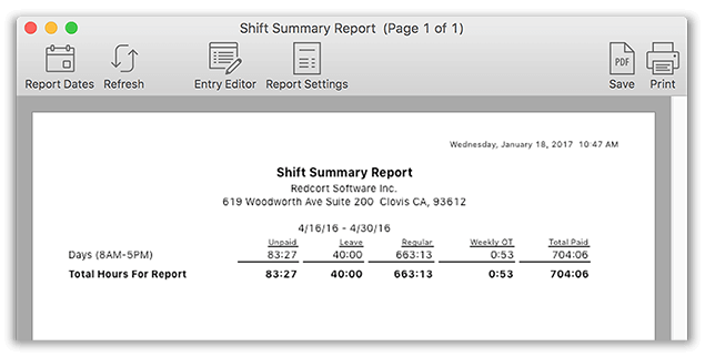 Virtual TimeClock Shift Summary Report