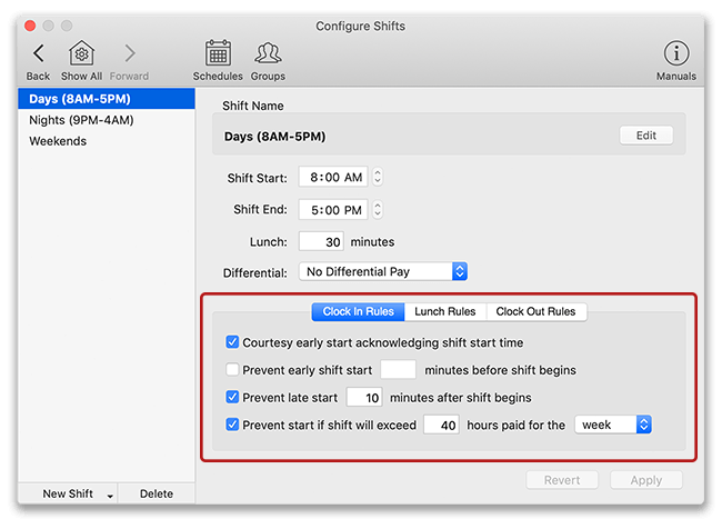 Setting up clock in shift rules