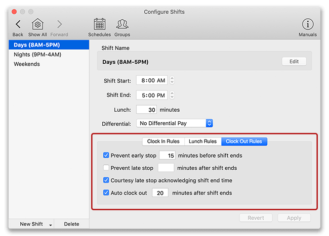 Virtual TimeClock configuring clock out rules