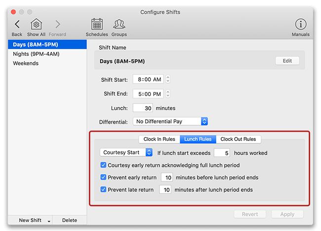 Configuring lunch shift rules in Virtual TimeClock