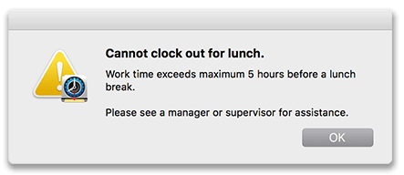 Virtual TimeClock Prevent Lunch Start user message