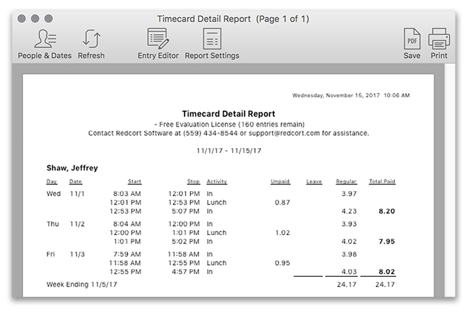 Virtual TimeClock Unrounded Time Card