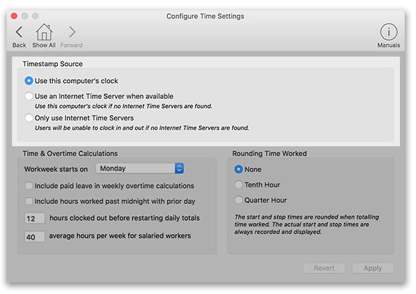 Virtual TimeClock Time Settings