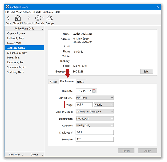 Entering hourly wages in the user employment tab